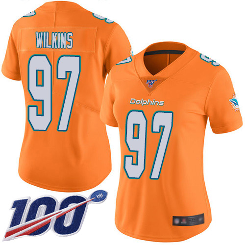Nike Miami Dolphins #97 Christian Wilkins Orange Women Stitched NFL Limited Rush 100th Season Jersey->women nfl jersey->Women Jersey
